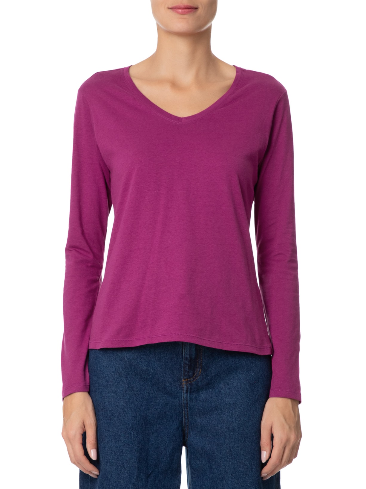 Camiseta Feminina Malha Com Decote V Rosa Basiq