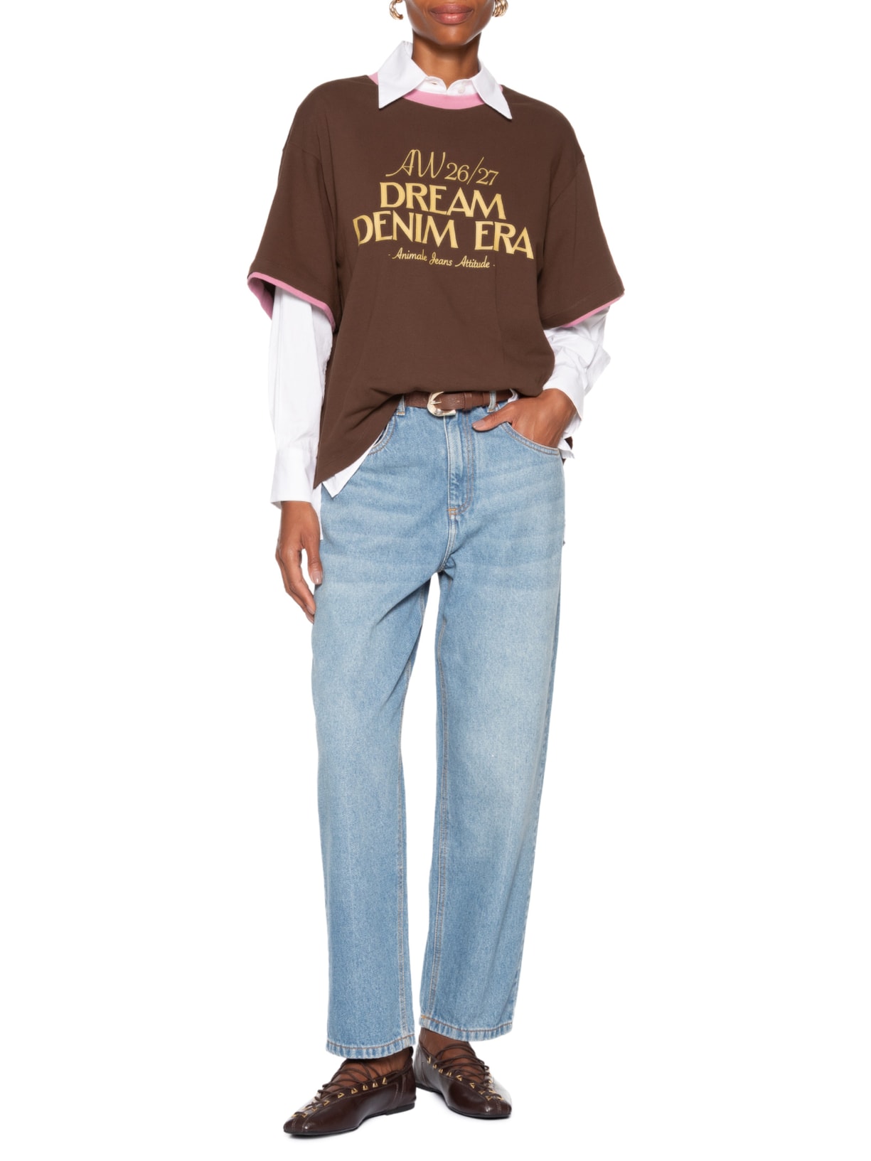 Camiseta Feminina Malha Contrastante Wild Heart Marrom Animale Jeans