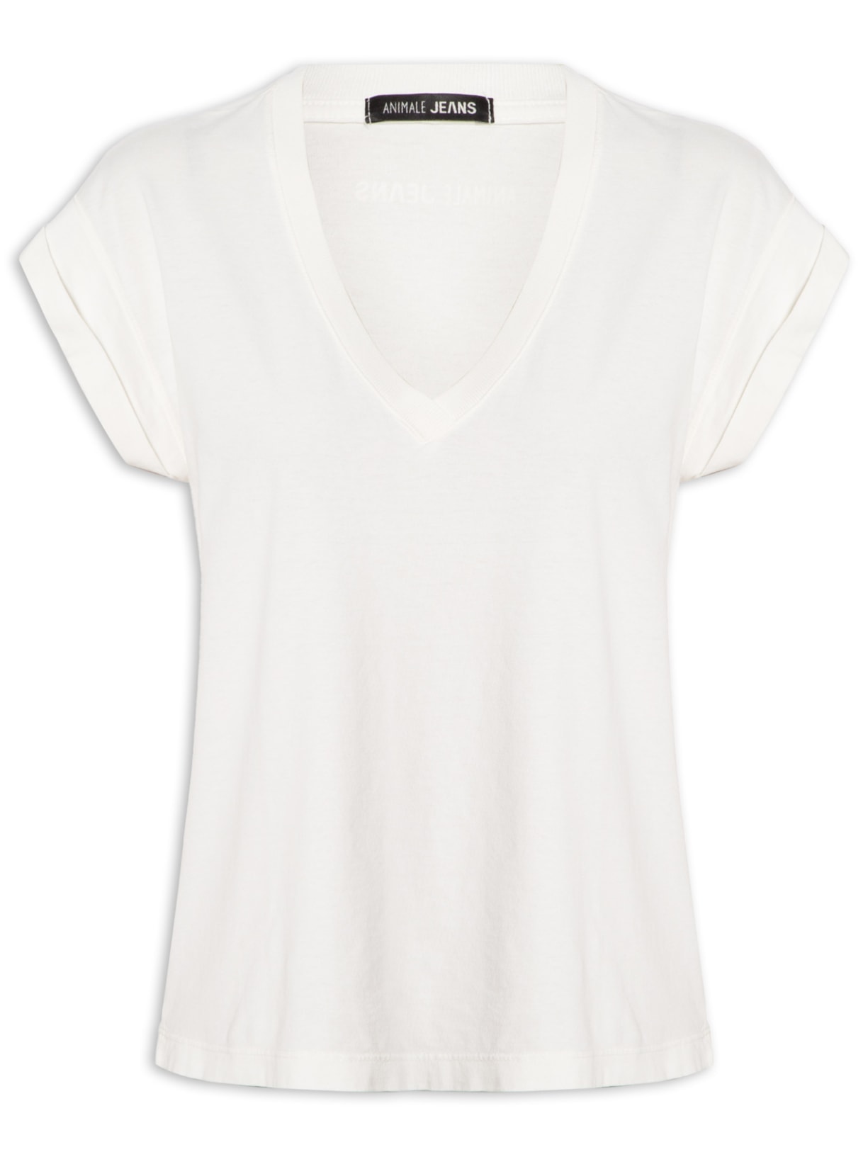 Camiseta Feminina Malha Decote V Manga Dobrada - Branco