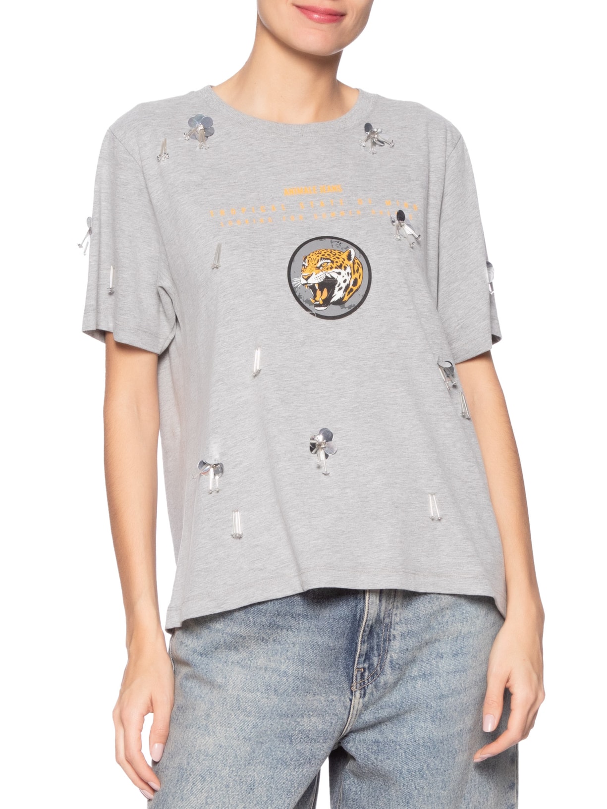 Camiseta Feminina Malha Leopard Bordados Cinza Animale Jeans