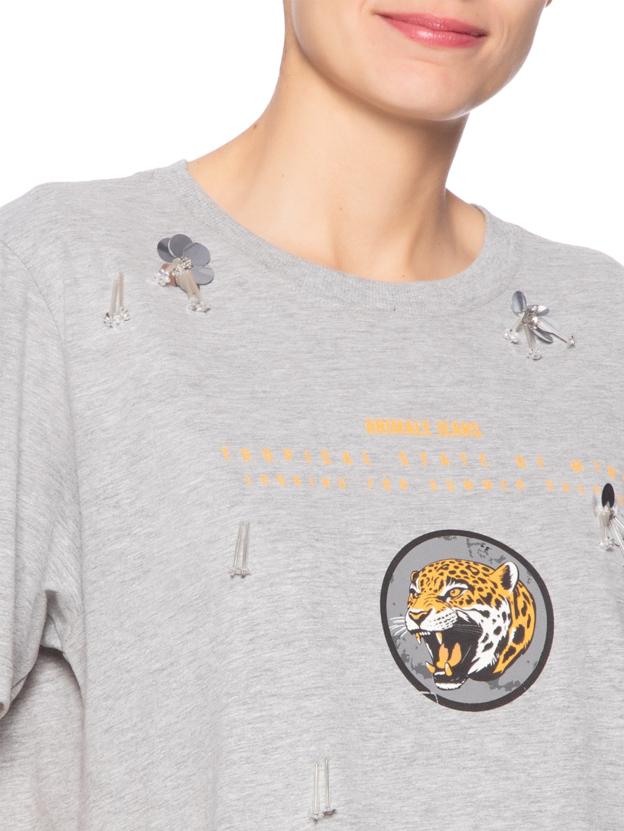 Camiseta Feminina Malha Leopard Bordados Cinza Animale Jeans