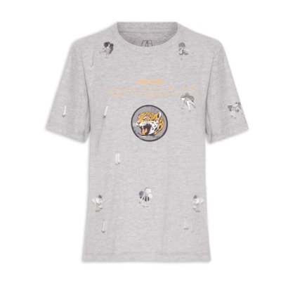 Camiseta Feminina Malha Leopard Bordados - Cinza