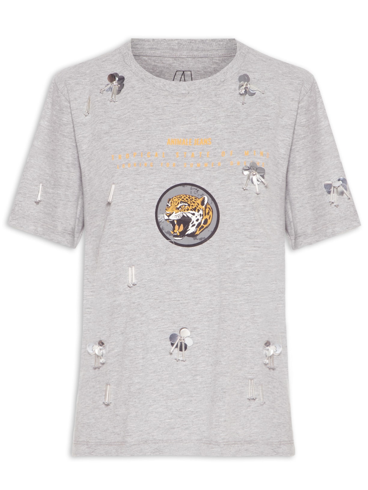 Camiseta Feminina Malha Leopard Bordados - Cinza