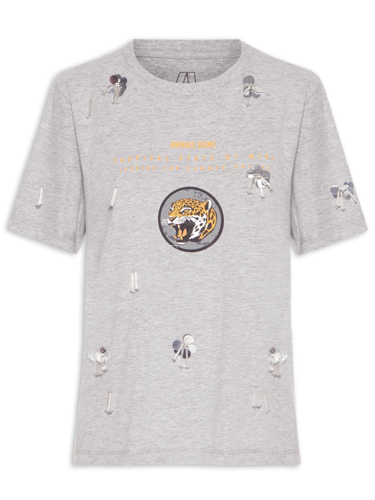 Camiseta Feminina Malha Leopard Bordados Cinza Animale Jeans