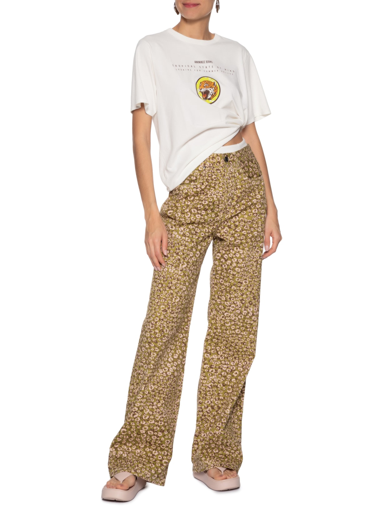 Camiseta  Feminina Malha Leopard Branco  Animale Jeans
