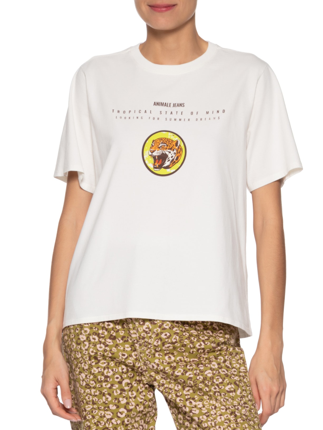 Camiseta  Feminina Malha Leopard Branco  Animale Jeans