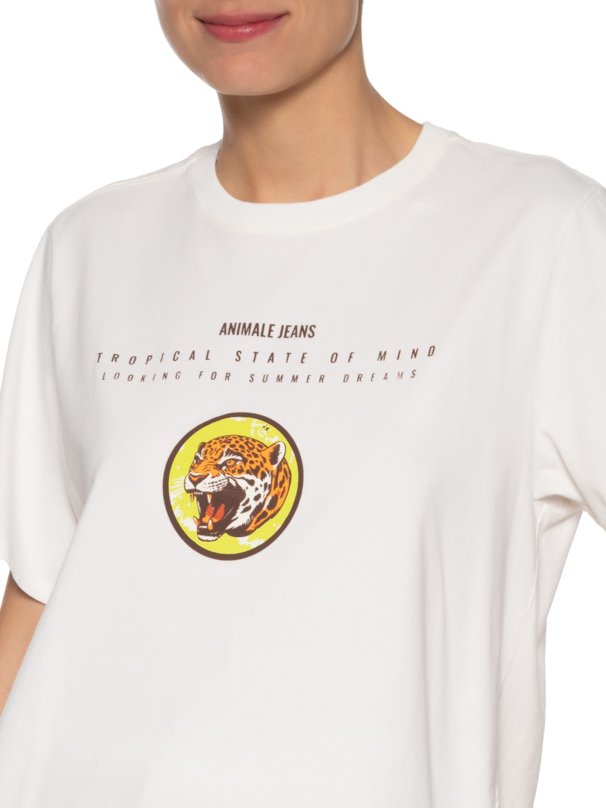 Camiseta  Feminina Malha Leopard Branco  Animale Jeans