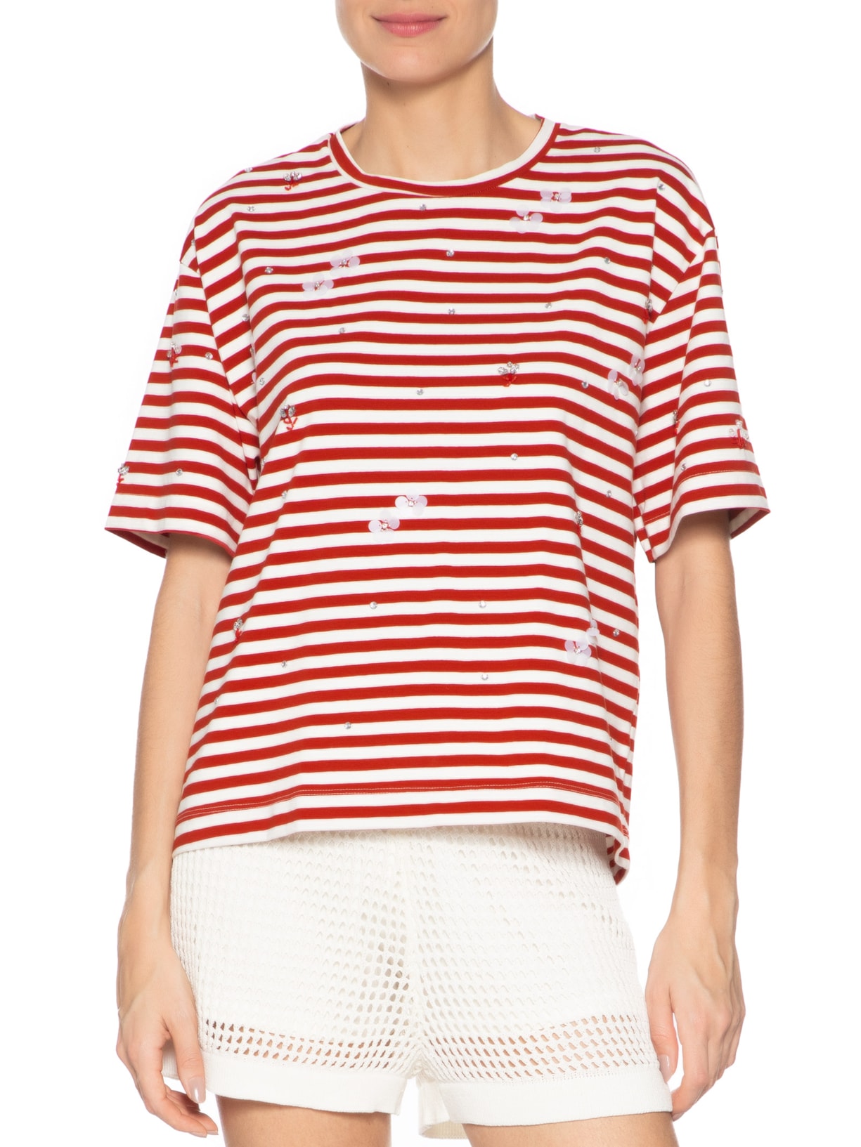 Camiseta Feminina Malha Listrada Bordados Vermelho Animale Jeans