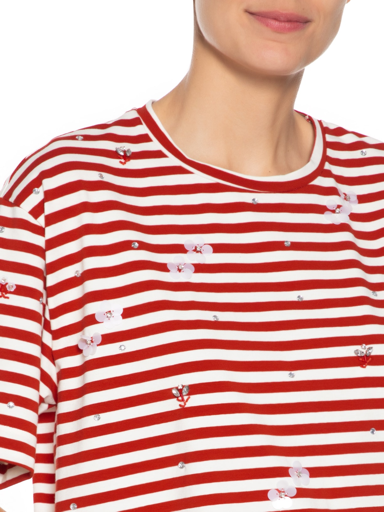 Camiseta Feminina Malha Listrada Bordados Vermelho Animale Jeans