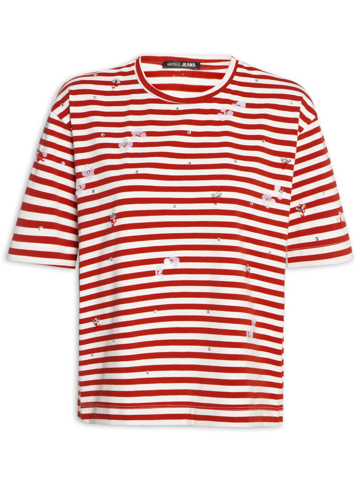 Camiseta Feminina Malha Listrada Bordados - Vermelho