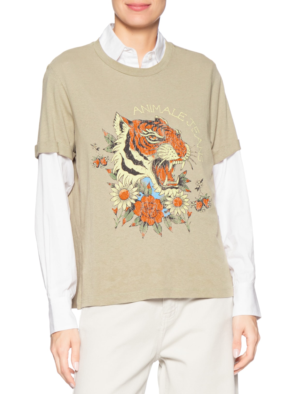 Camiseta Feminina Malha Tiger And Flowers Cinza Animale Jeans