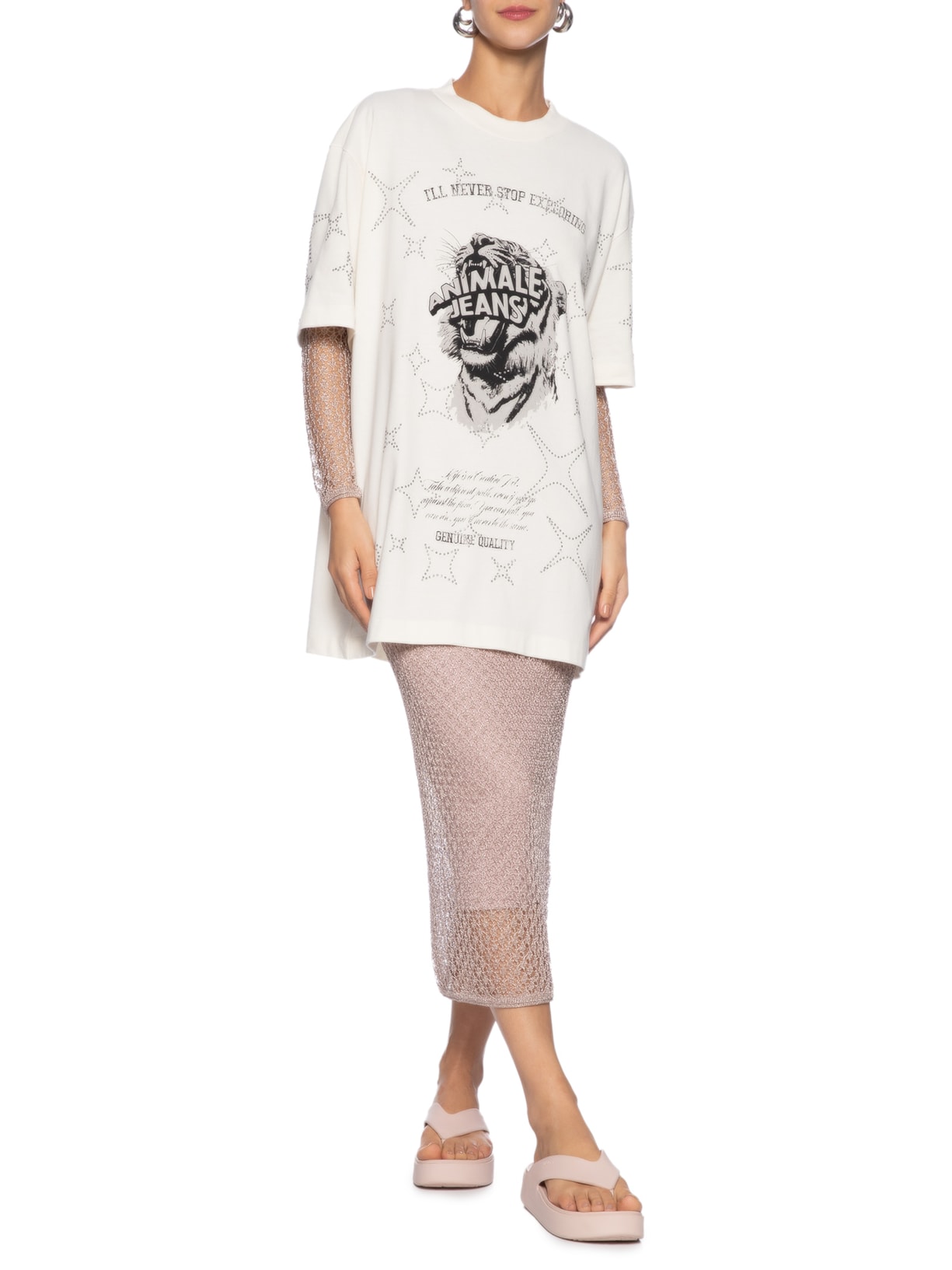 Camiseta Feminina Malha Tigre Brilho Over Branco  Animale Jeans