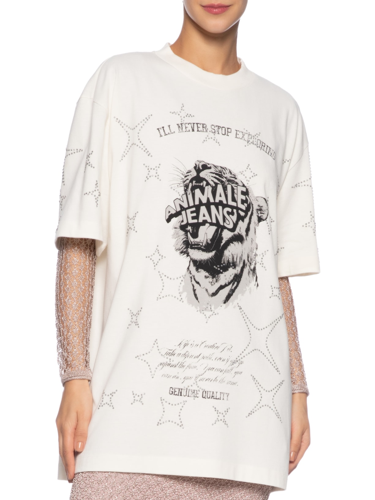 Camiseta Feminina Malha Tigre Brilho Over Branco  Animale Jeans