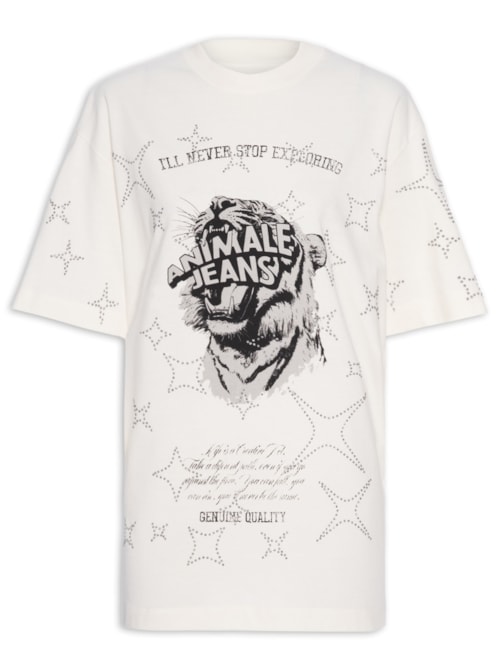 Camiseta Feminina Malha Tigre Brilho Over - Branco