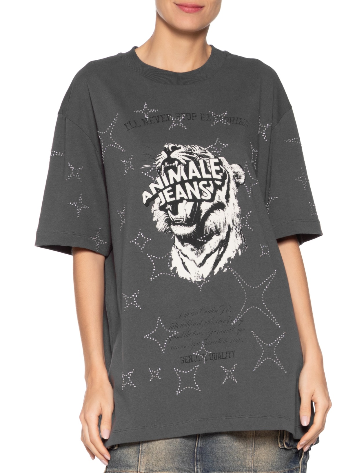 Camiseta Feminina Malha Tigre Brilho Over Preto Animale Jeans