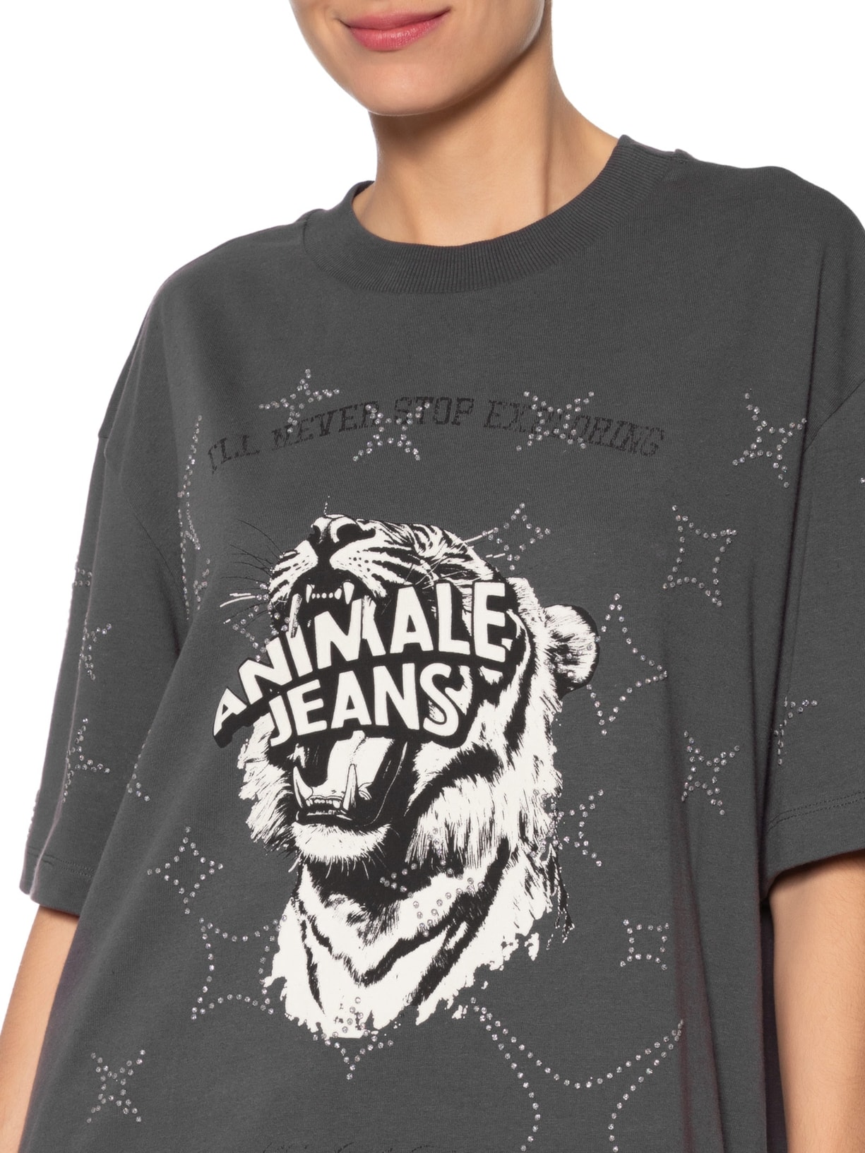 Camiseta Feminina Malha Tigre Brilho Over Preto Animale Jeans