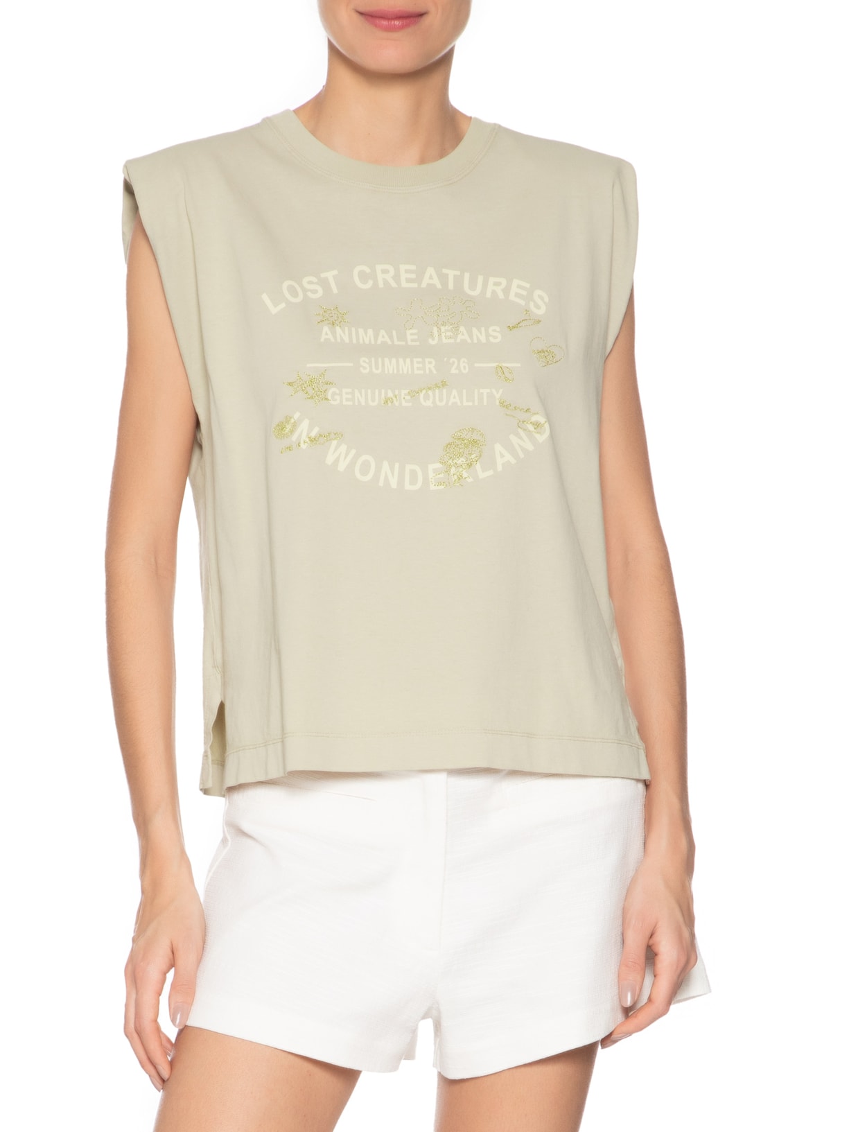 Camiseta Feminina Malha Wonderland Creatures Bege Animale Jeans