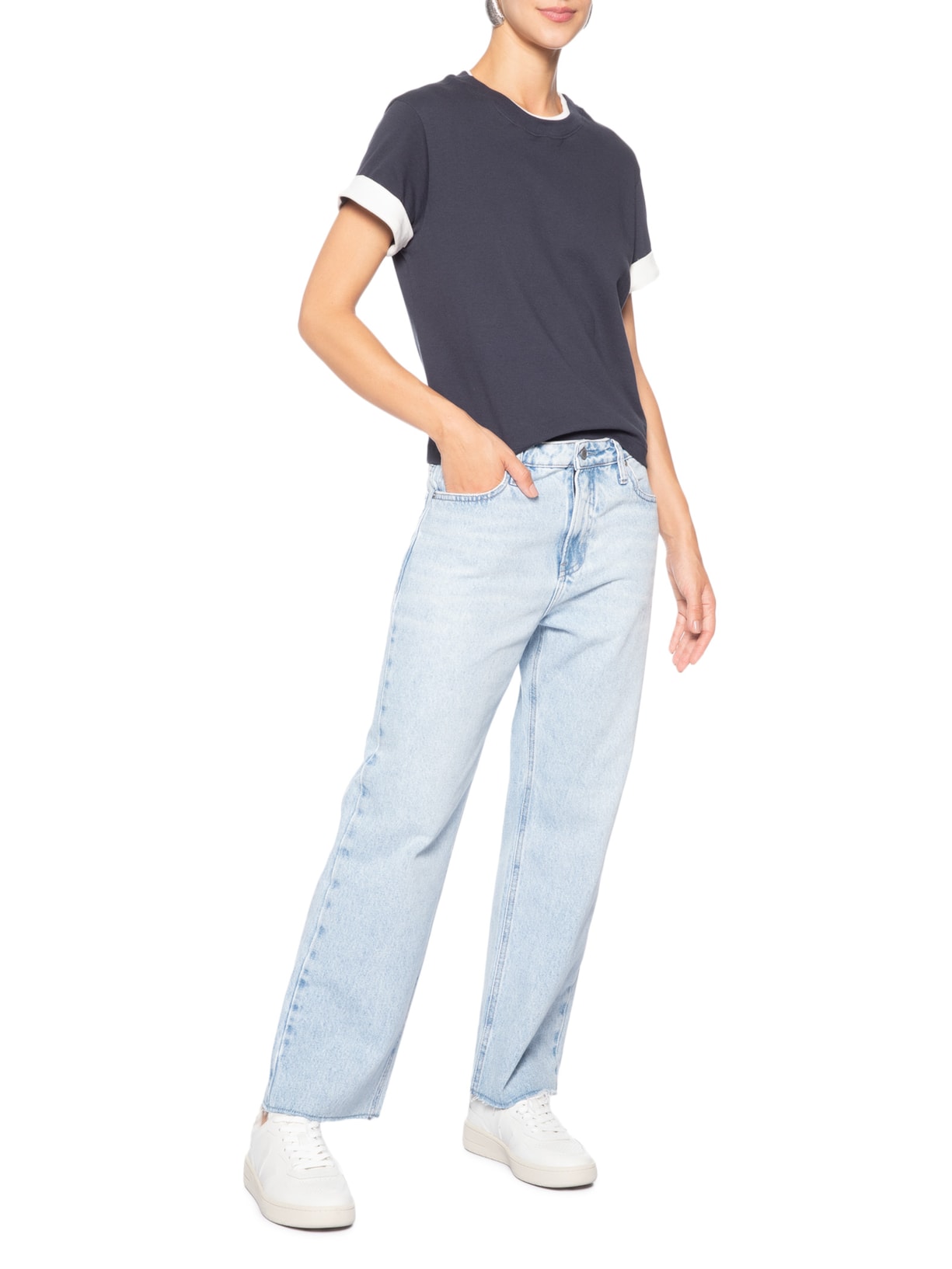 Camiseta Feminina Manga Curta Gola Dupla Azul Calvin Klein Jeans