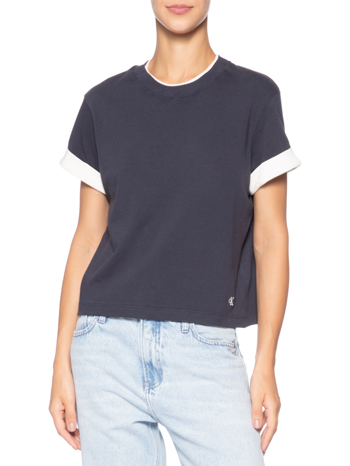 Camiseta Feminina Manga Curta Gola Dupla Azul Calvin Klein Jeans
