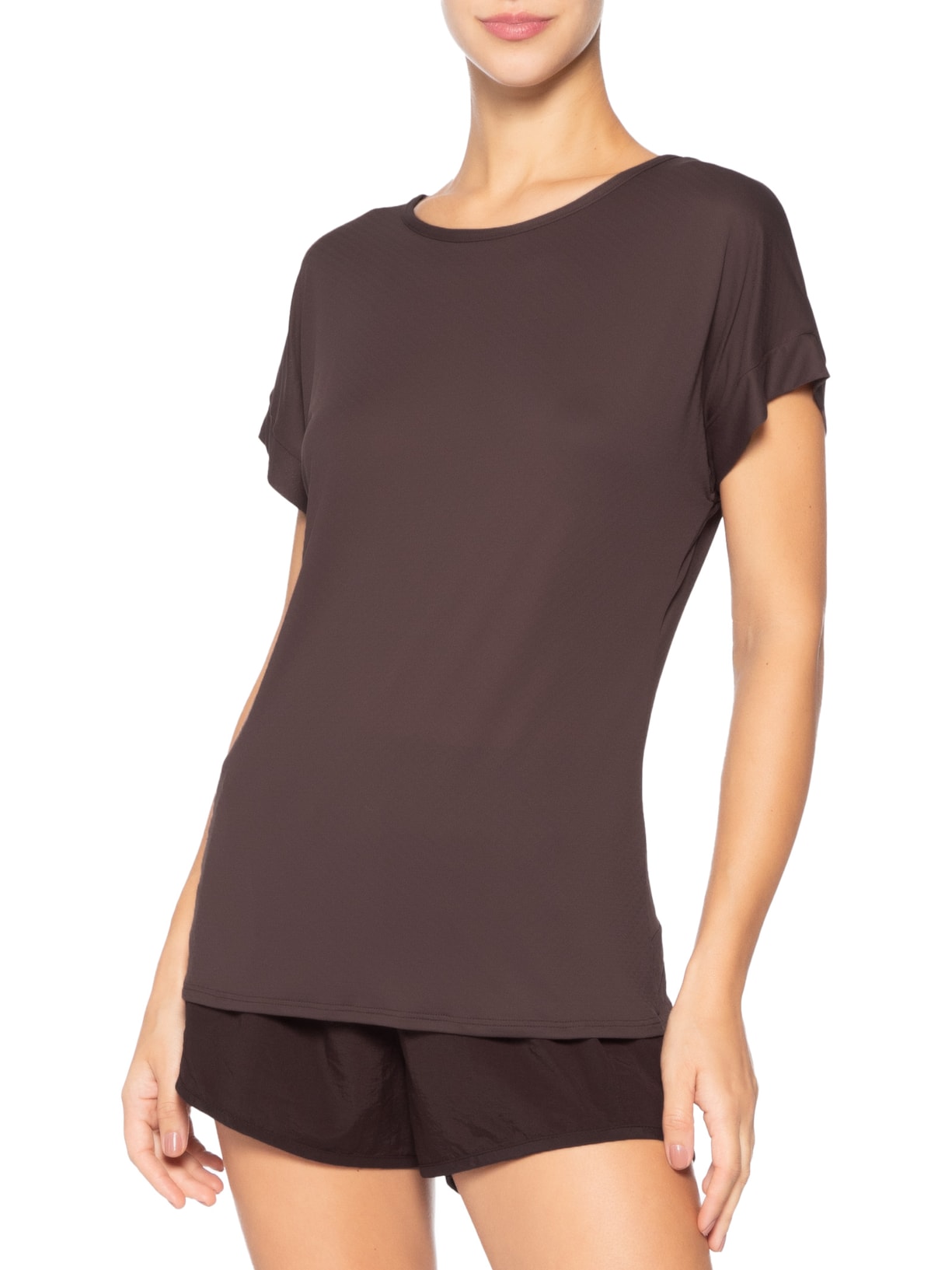 Camiseta Feminina Manga Curta Lisa Marrom Body For Sure