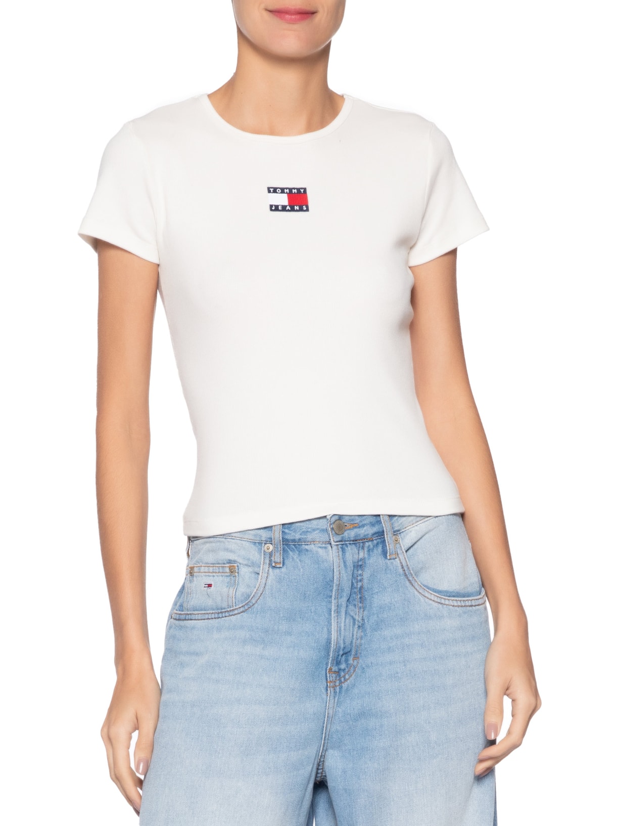 Camiseta Feminina Manga Curta Slim Badge Rib Tee Branco Tommy Jeans