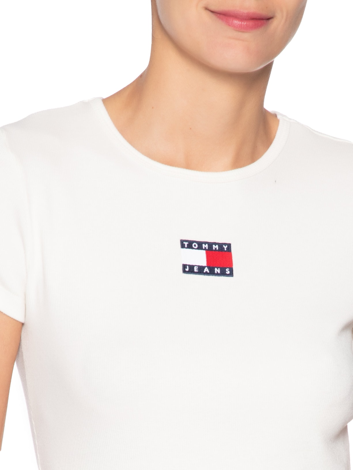 Camiseta Feminina Manga Curta Slim Badge Rib Tee Branco Tommy Jeans