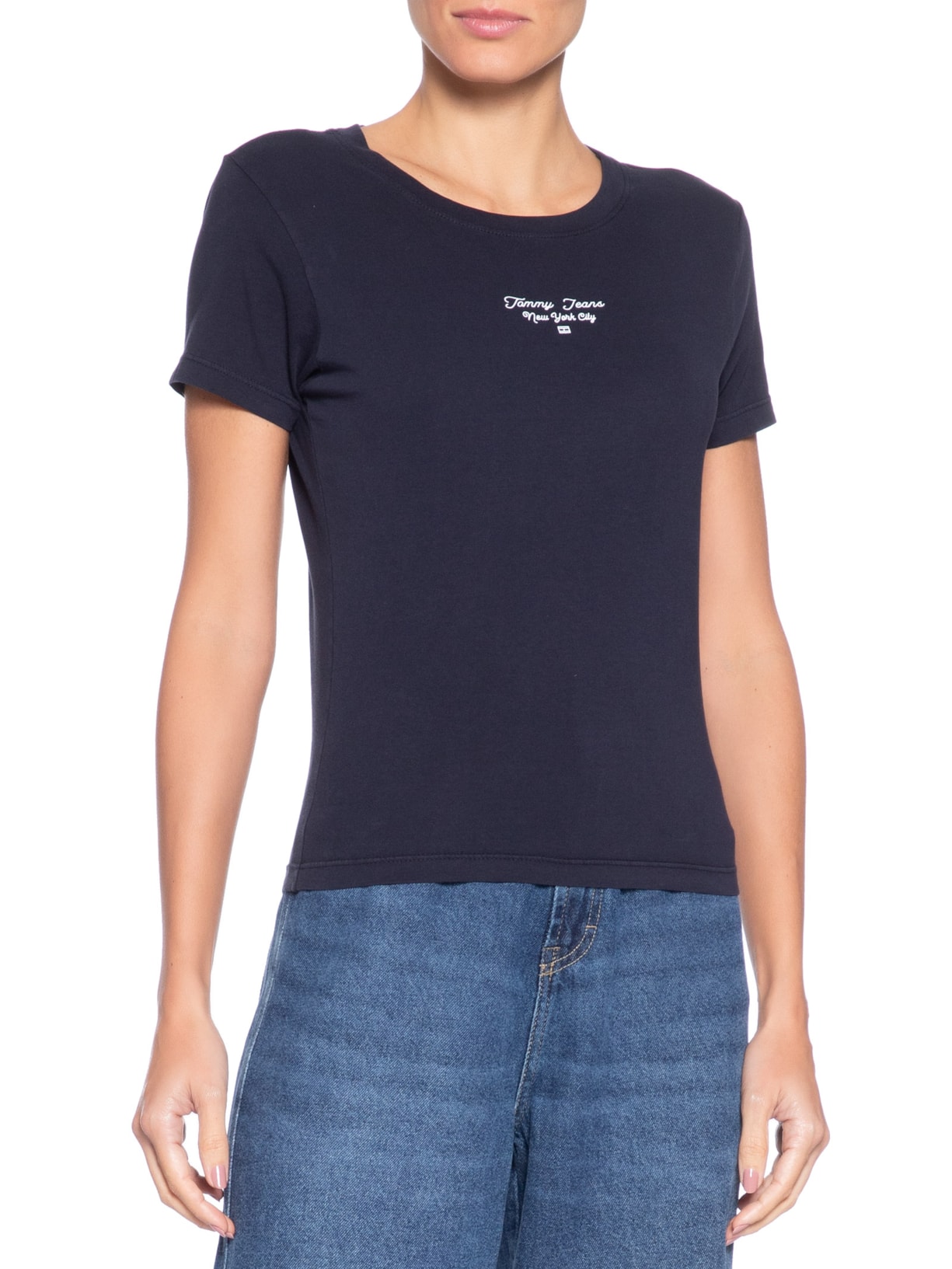 Camiseta Feminina Manga Curta Slim Ess Logo Azul Tommy Jeans