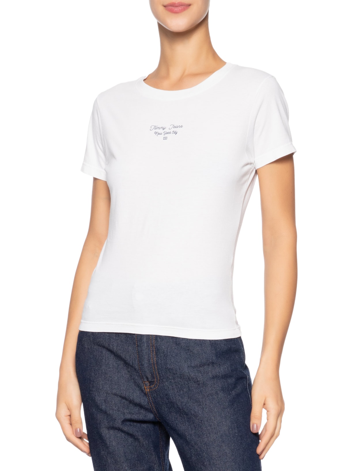 Camiseta Feminina Manga Curta Slim Ess Logo Branco Tommy Jeans