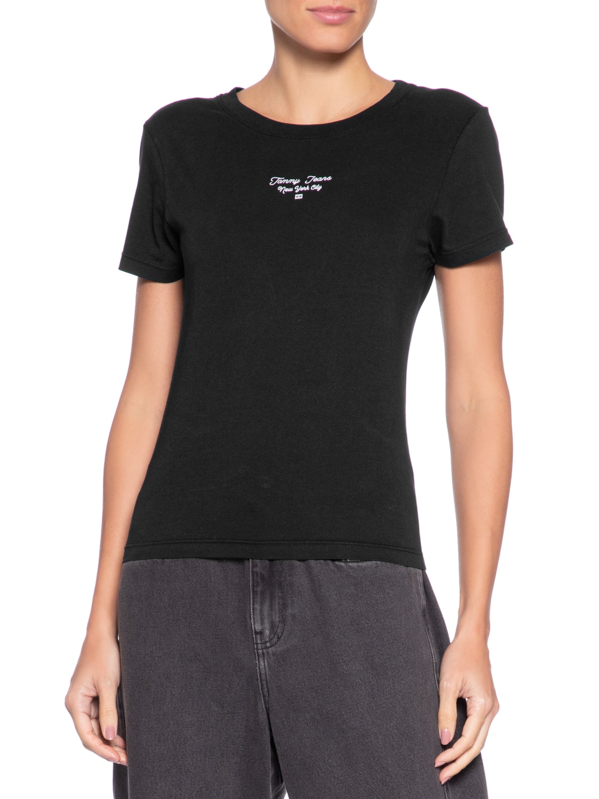 Camiseta Feminina Manga Curta Slim Ess Logo Preto Tommy Jeans