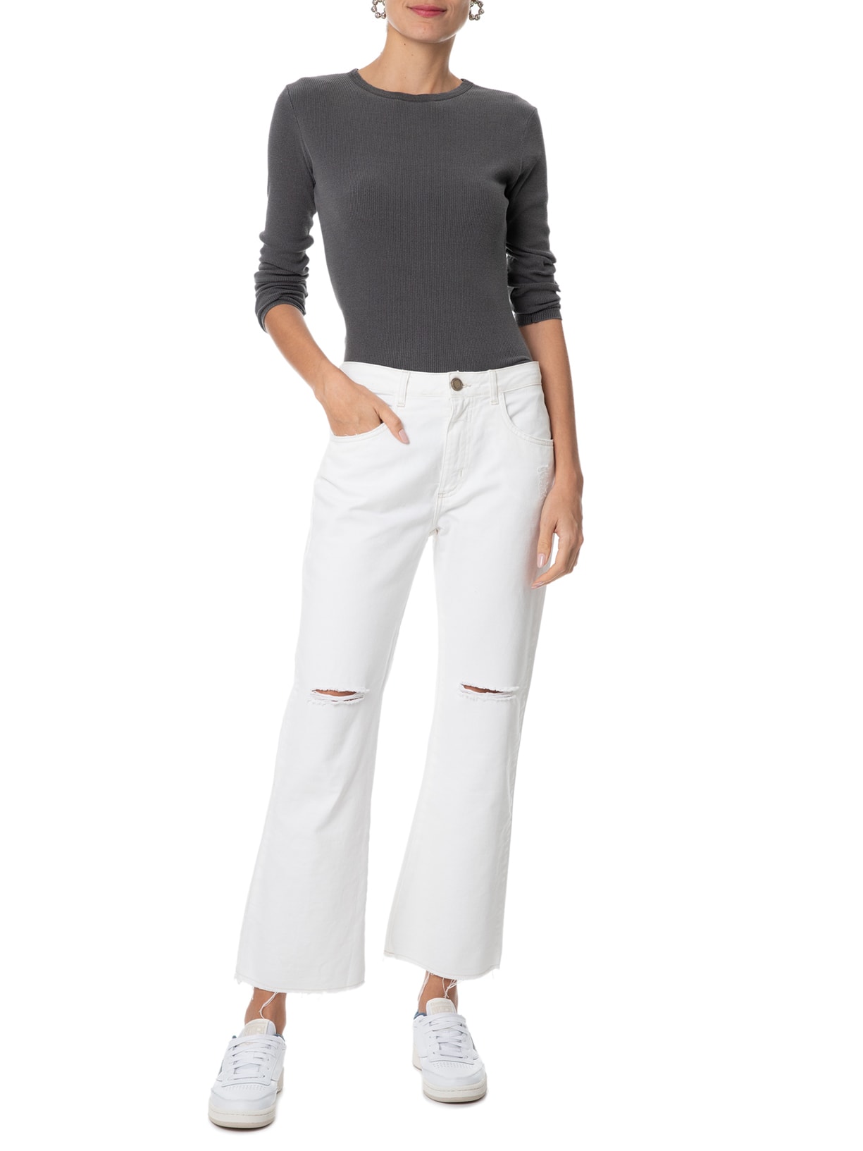 Camiseta Feminina Manga Longa Canelada Cinza Basiq