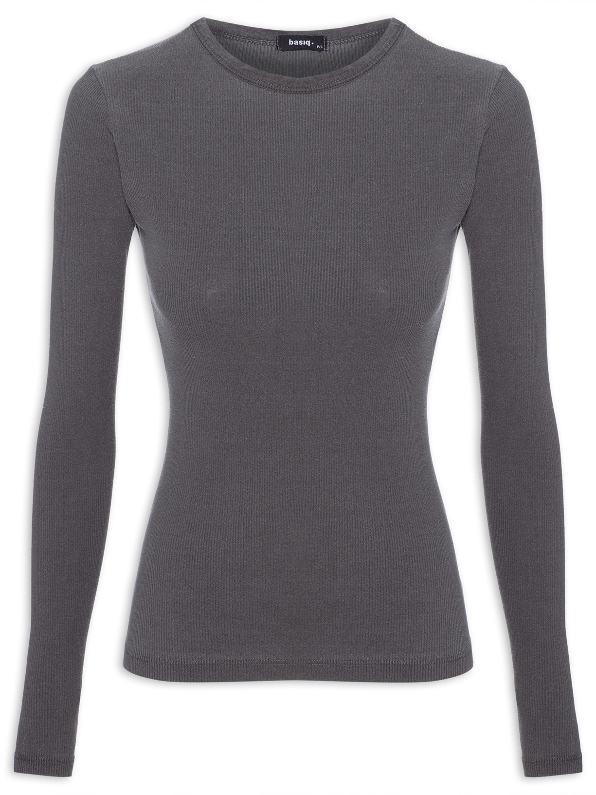 Camiseta Feminina Manga Longa Canelada Cinza Basiq