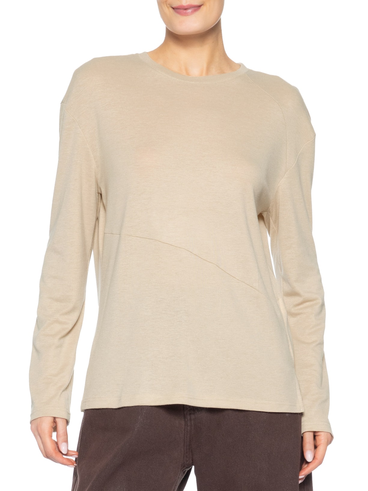 Camiseta Feminina Manga Longa Com Recortes Bege Basiq