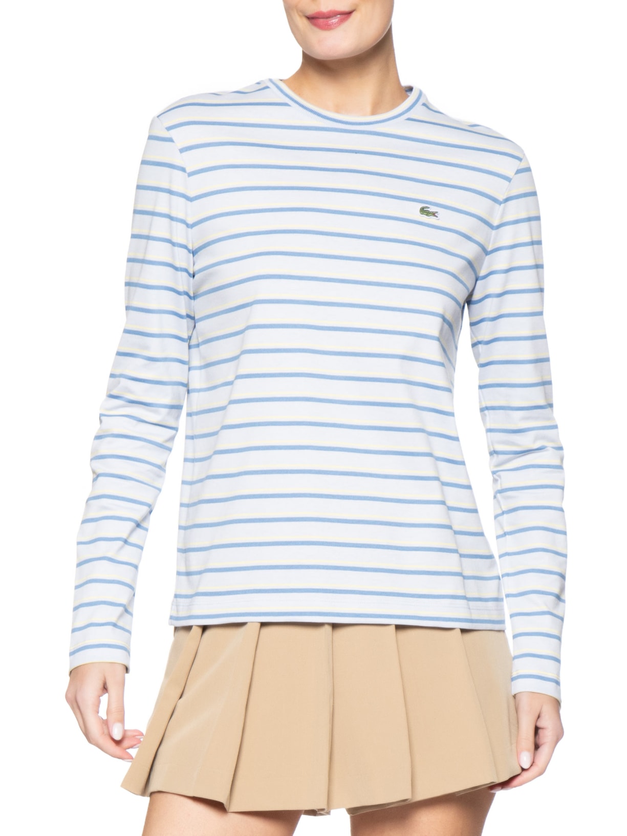 Camiseta Feminina Manga Longa Listrada Azul Lacoste