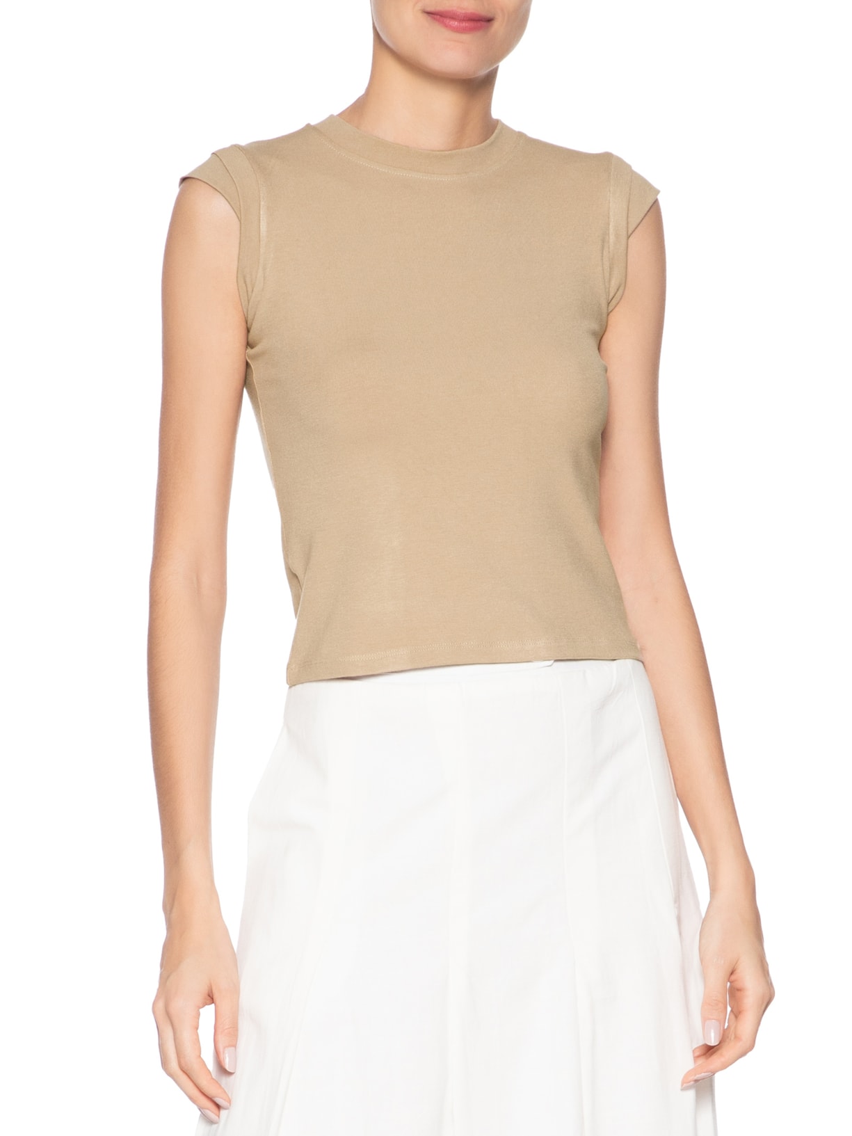 Camiseta Feminina Manga Sobreposta Bege Basiq