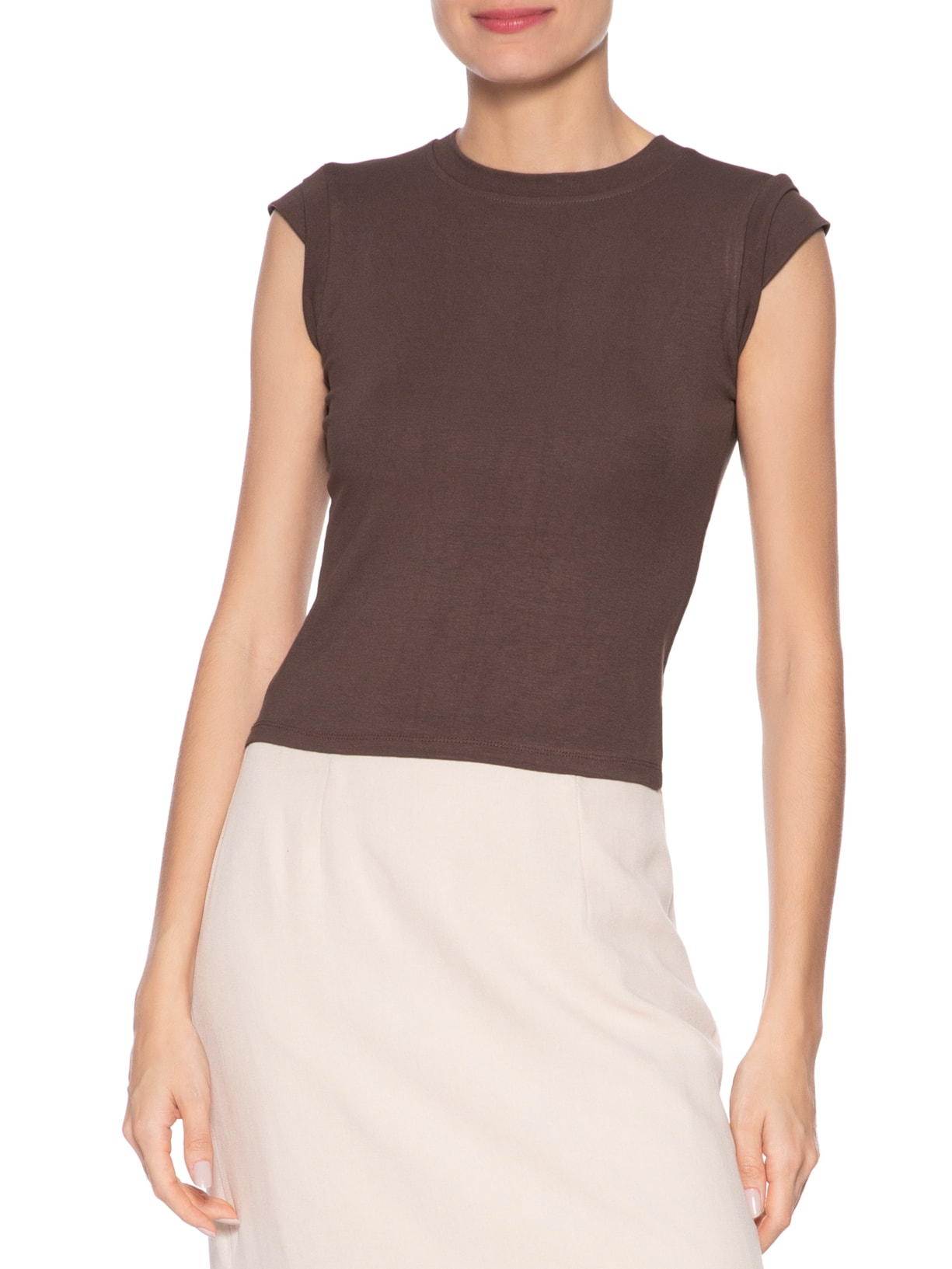 Camiseta Feminina Manga Sobreposta Marrom Basiq