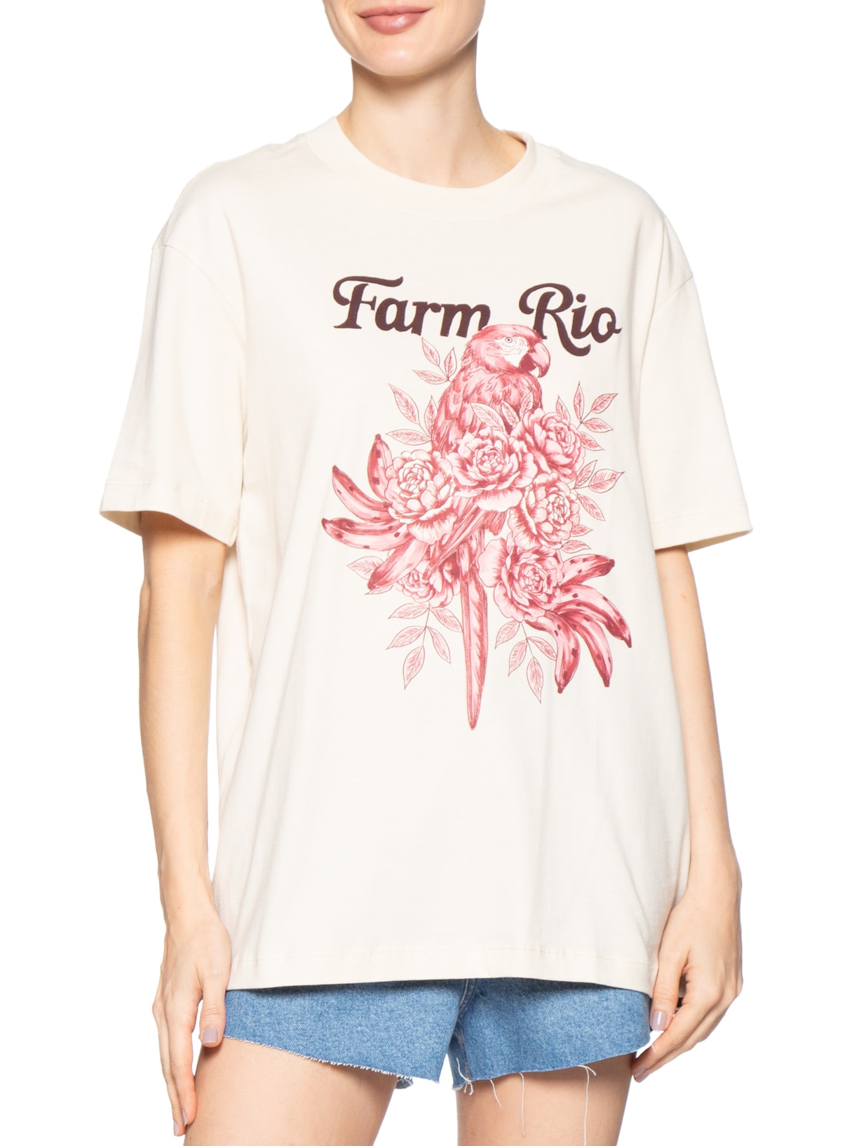 Camiseta Feminina Média Arara Em Flores Rosa Farm