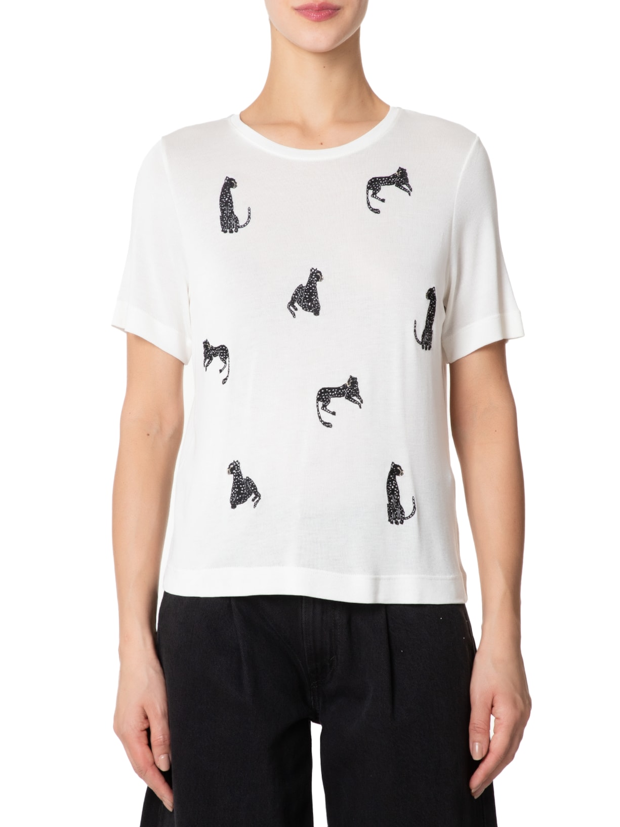 Camiseta Feminina Mini Onça Bordada Off White Shoulder