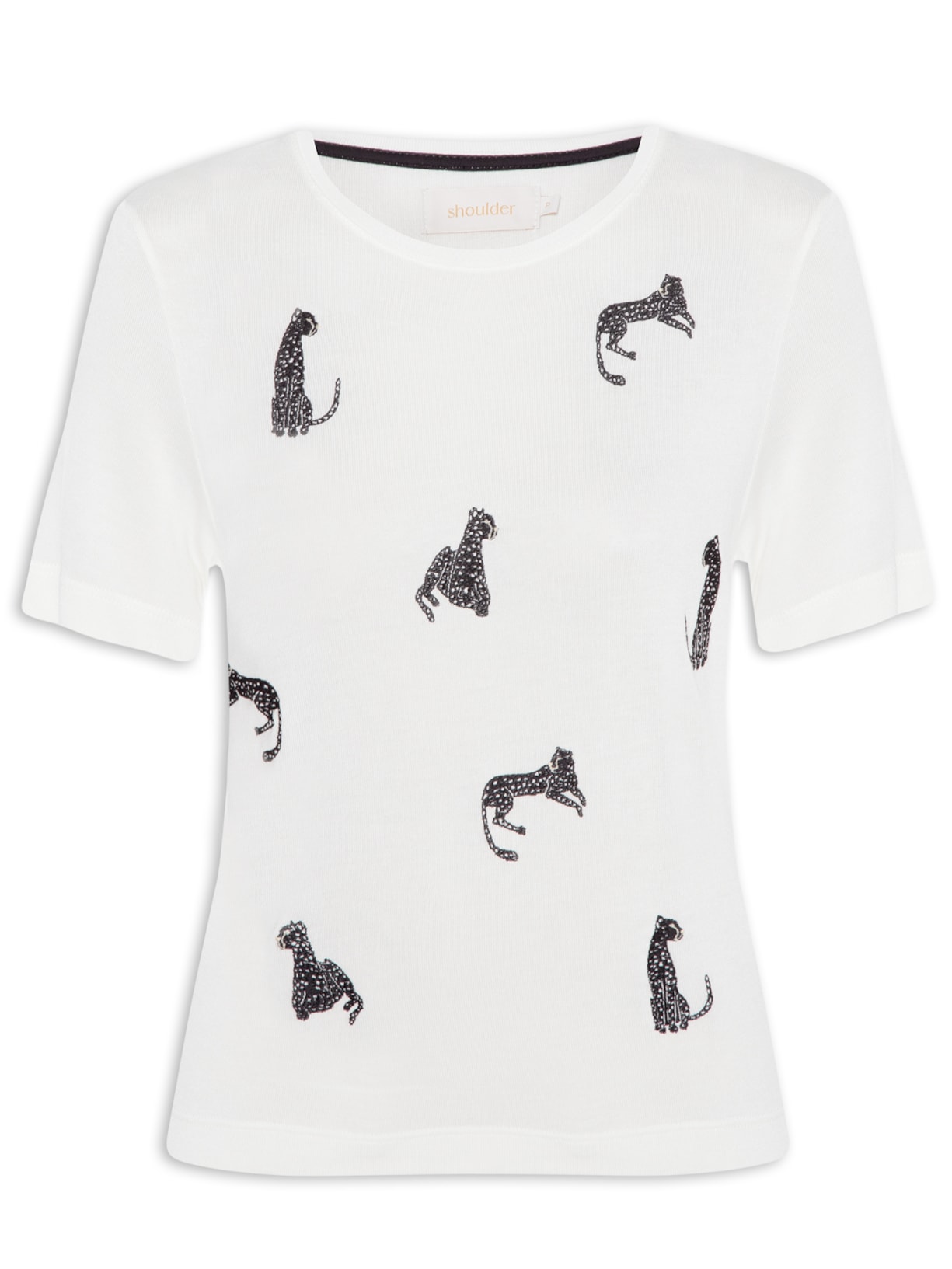 Camiseta Feminina Mini Onça Bordada Off White Shoulder