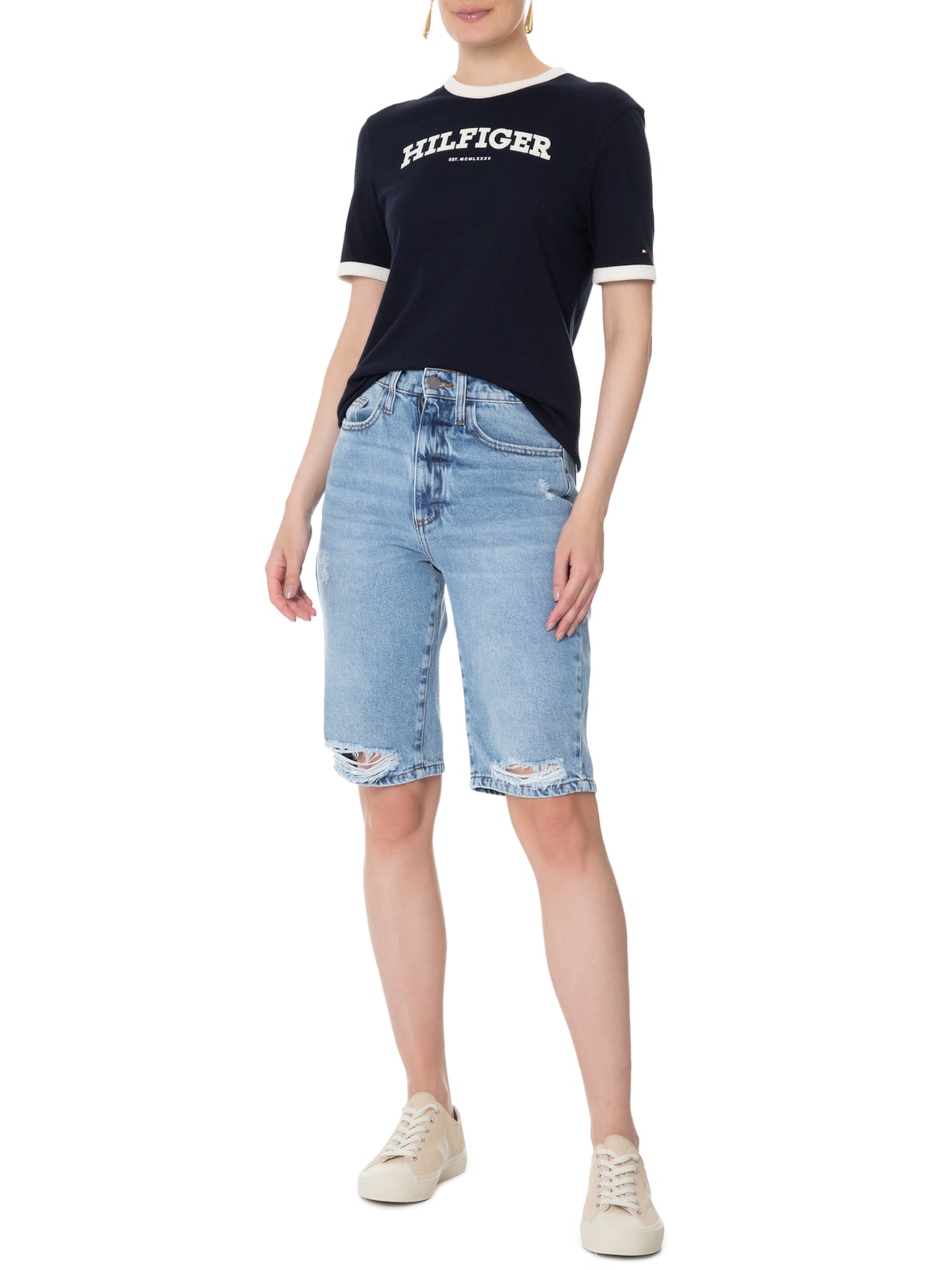 Camiseta Feminina Monotype Flocado Azul Tommy Hilfiger