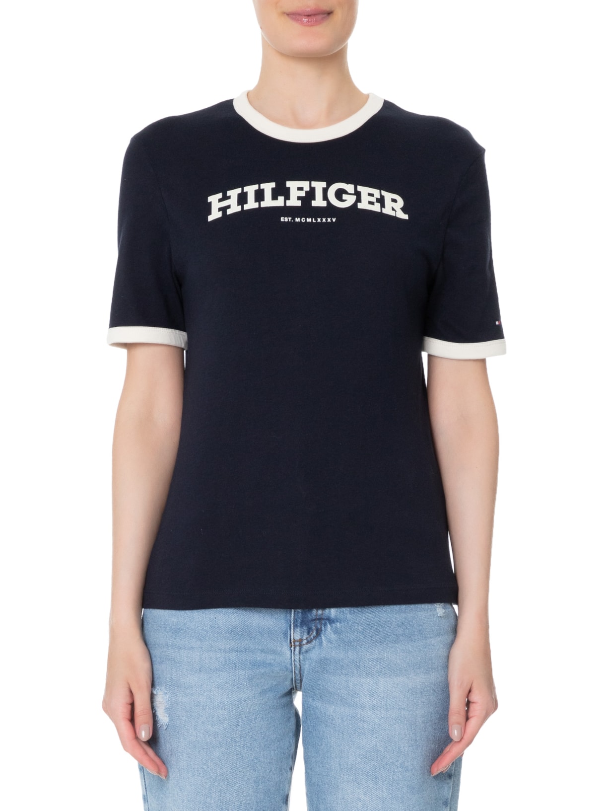 Camiseta Feminina Monotype Flocado Azul Tommy Hilfiger