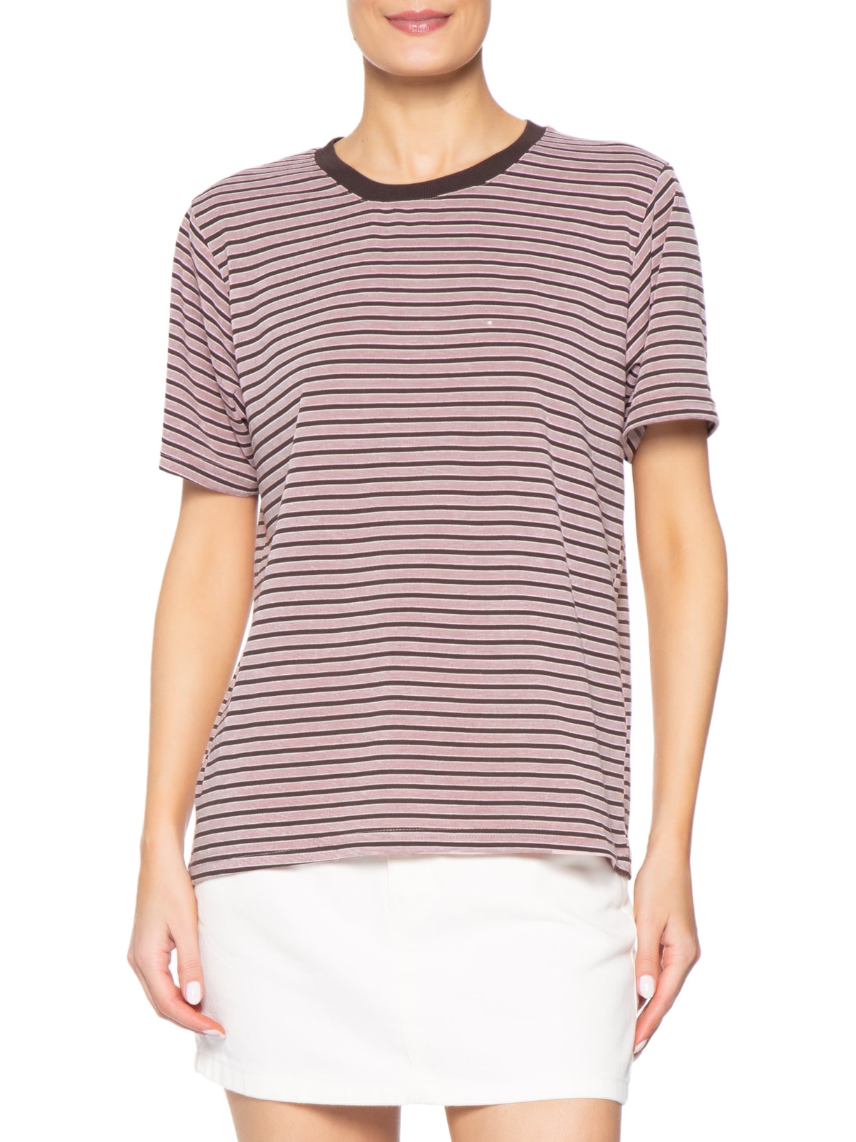 Camiseta Feminina Oversized Listrada Rosa Basiq