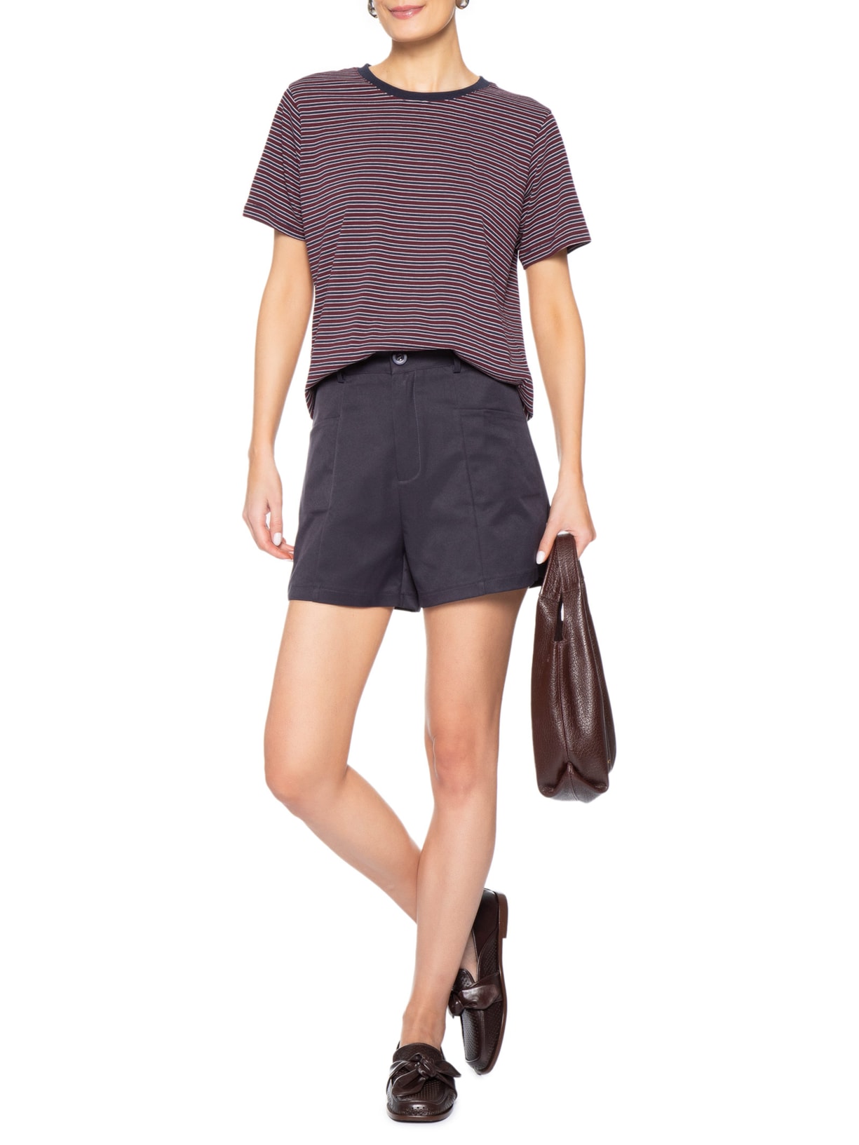 Camiseta Feminina Oversized Listrada Vermelho Basiq
