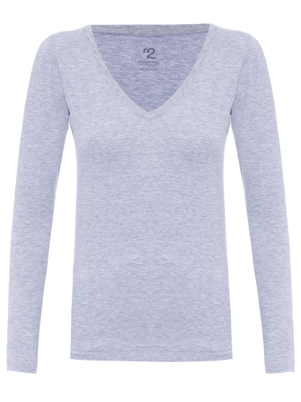 Camiseta Feminina Pima Berlim Manga Longa Gola V - Cinza
