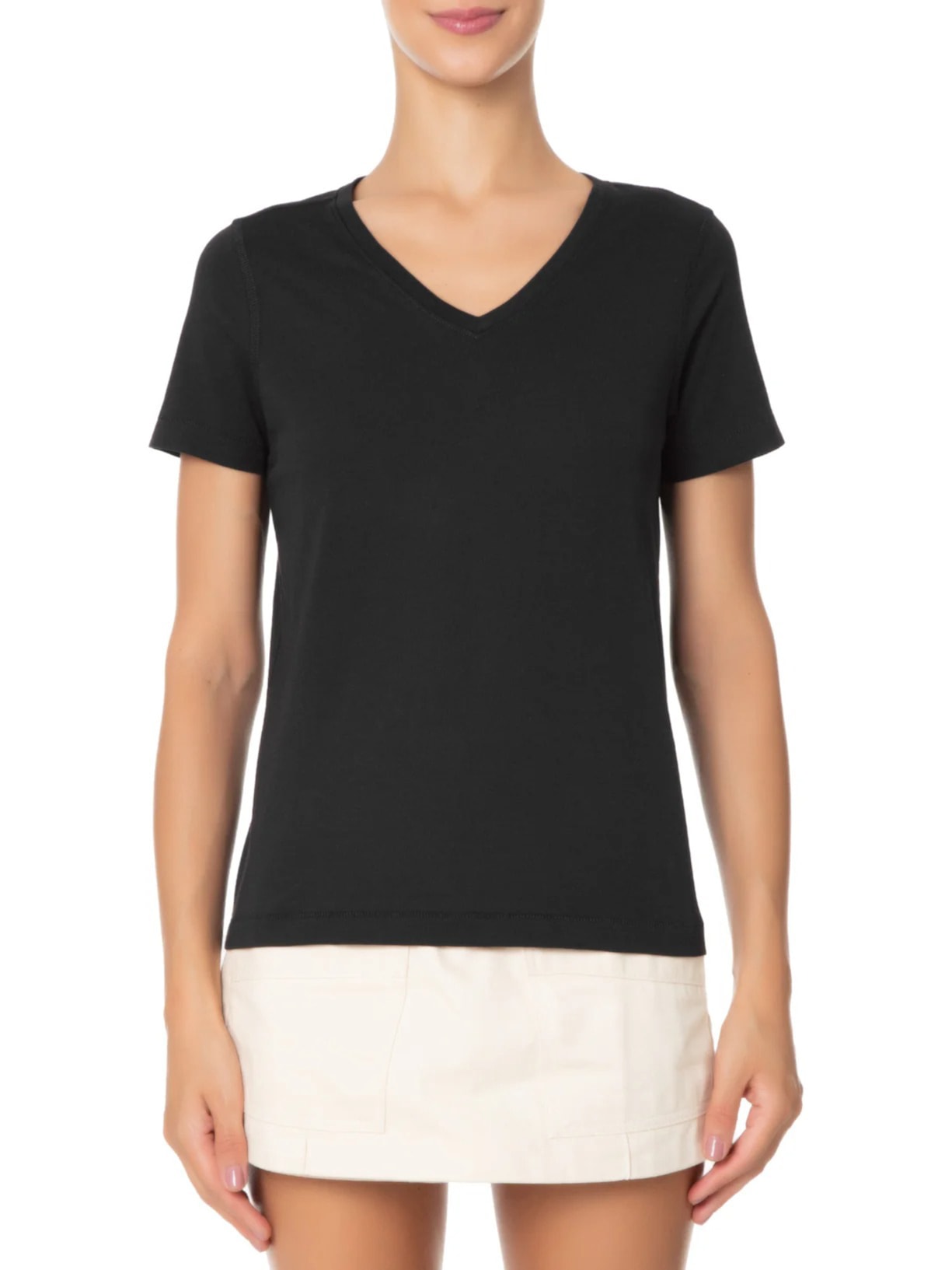 Camiseta Feminina Pima Manga Curta Decote V Preto '2Essential