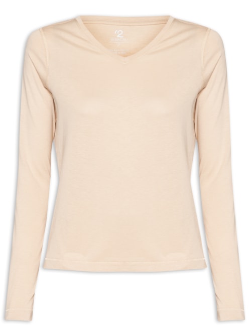 Camiseta Feminina Pima Manga Longa Decote V - Bege