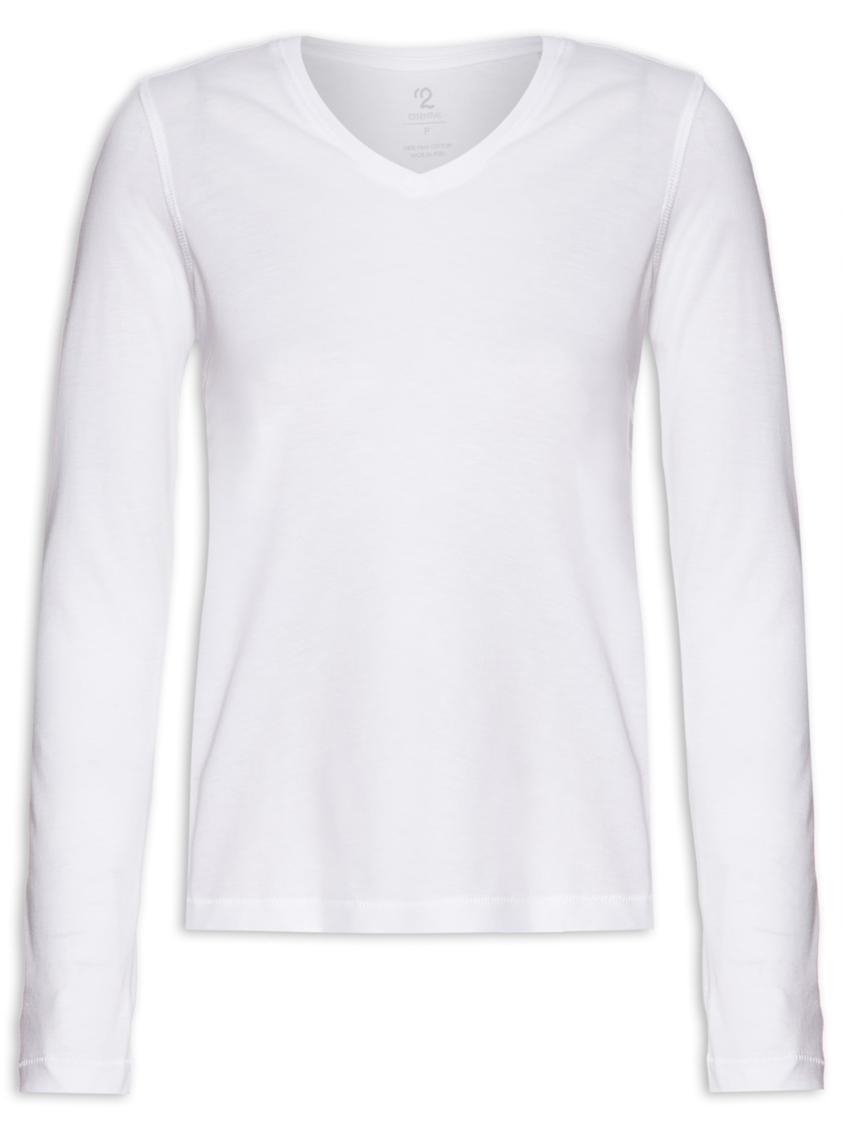 Camiseta Feminina Pima Manga Longa Decote V - Branco