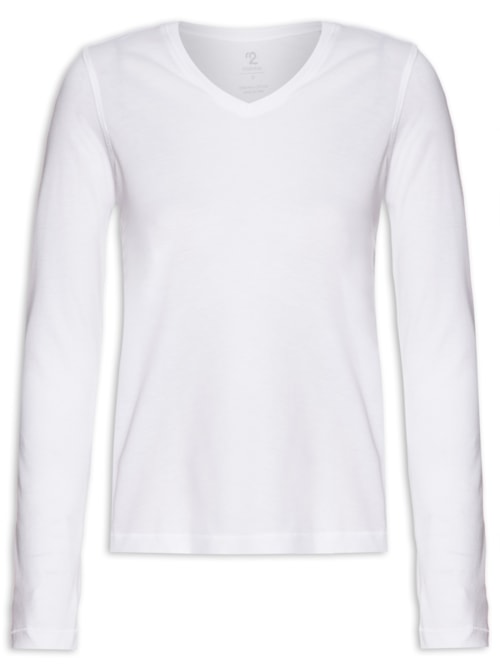 Camiseta Feminina Pima Manga Longa Decote V - Branco