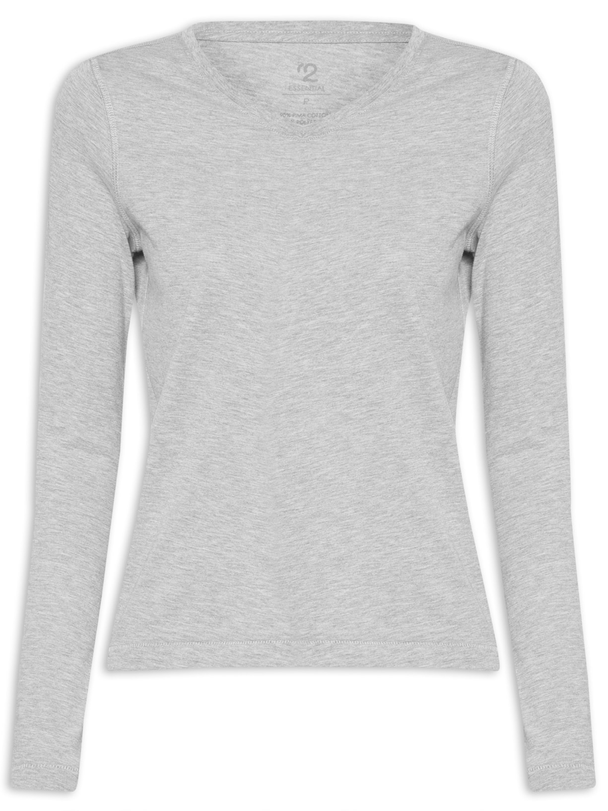 Camiseta Feminina Pima Manga Longa Decote V - Cinza