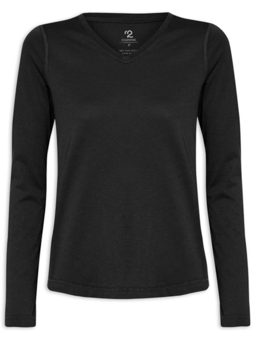 Camiseta Feminina Pima Manga Longa Decote V - Preto