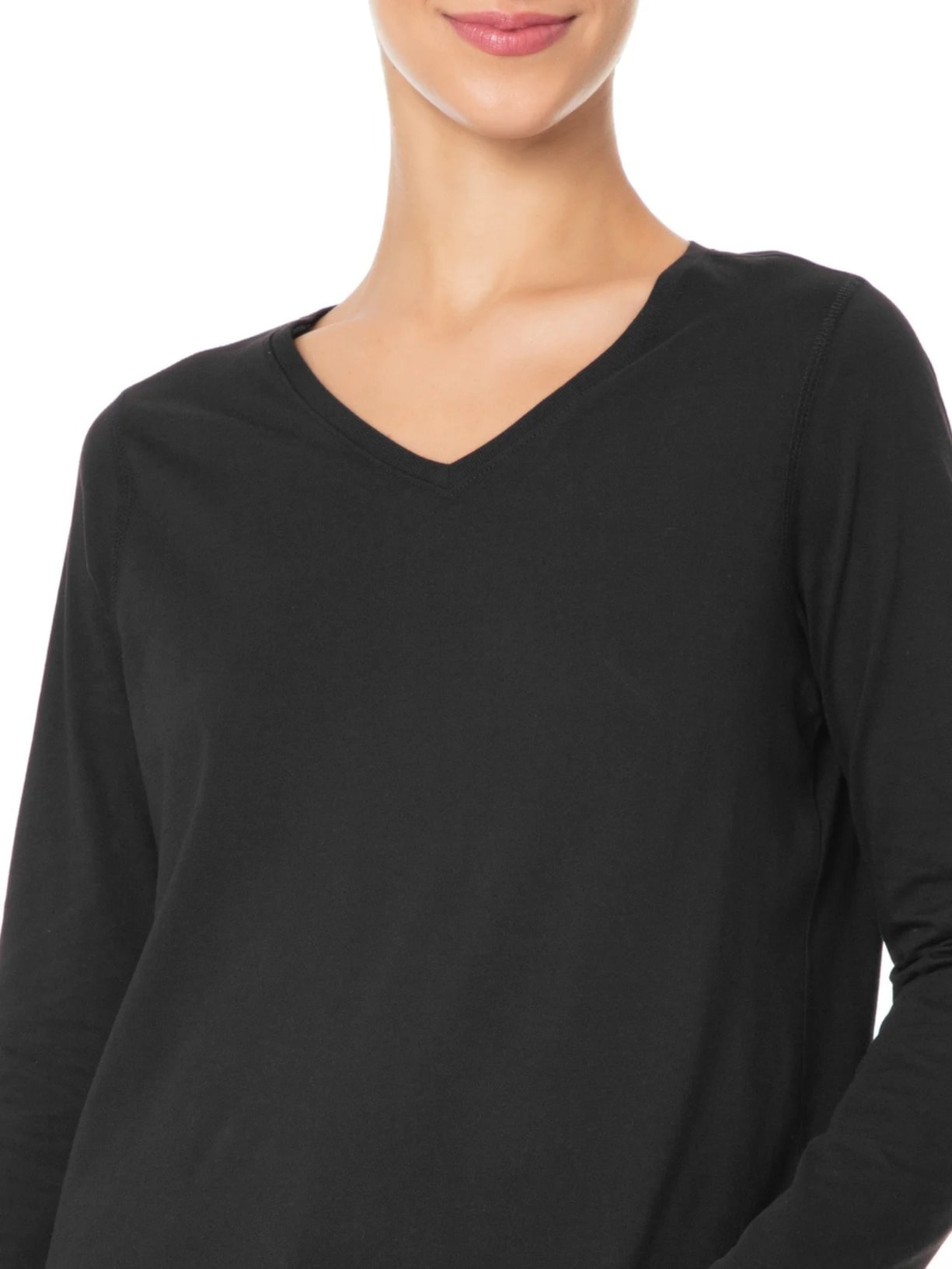 Camiseta Feminina Pima Manga Longa Decote V Preto '2Essential